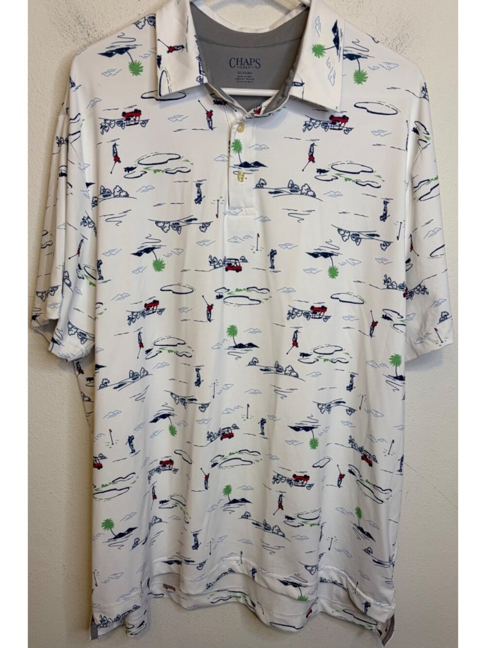 CHAPS GOLF Polo Graphic All Over Print Short Sleeve Shirt Stretch White XL